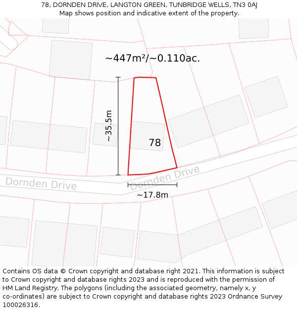 78, DORNDEN DRIVE, LANGTON GREEN, TUNBRIDGE WELLS, TN3 0AJ: Plot and title map