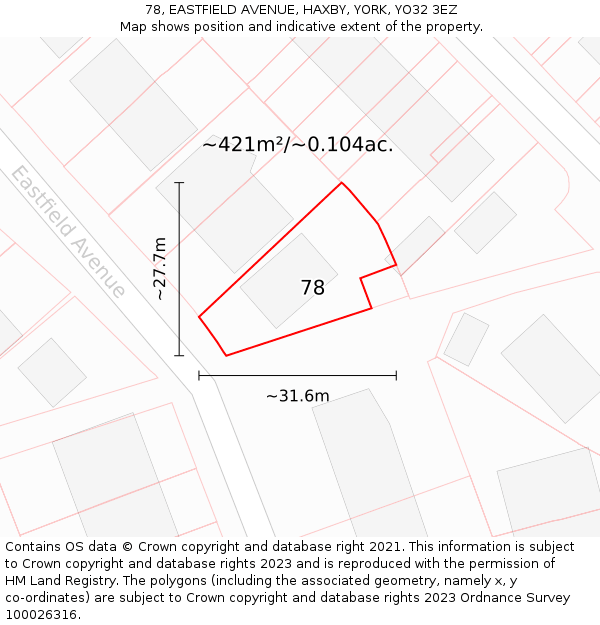 78, EASTFIELD AVENUE, HAXBY, YORK, YO32 3EZ: Plot and title map