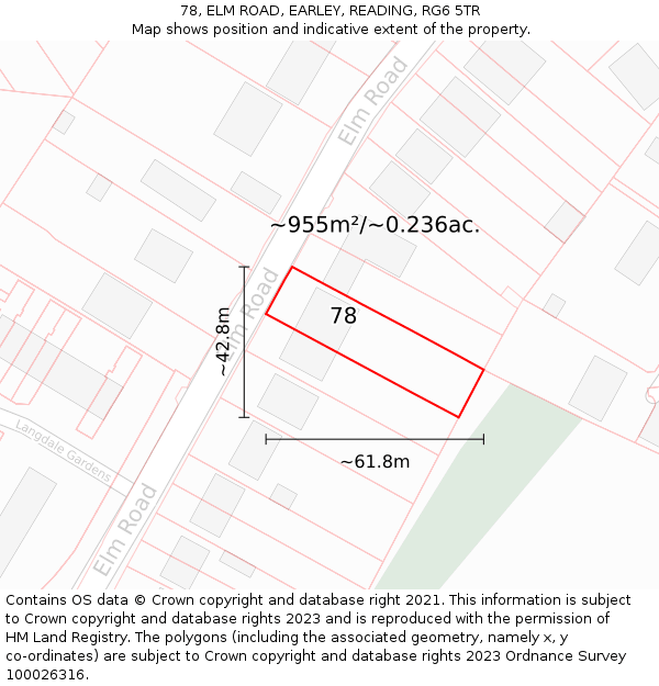 78, ELM ROAD, EARLEY, READING, RG6 5TR: Plot and title map