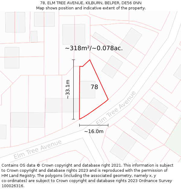78, ELM TREE AVENUE, KILBURN, BELPER, DE56 0NN: Plot and title map