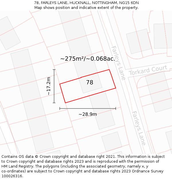 78, FARLEYS LANE, HUCKNALL, NOTTINGHAM, NG15 6DN: Plot and title map