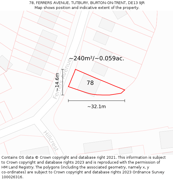 78, FERRERS AVENUE, TUTBURY, BURTON-ON-TRENT, DE13 9JR: Plot and title map