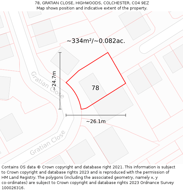 78, GRATIAN CLOSE, HIGHWOODS, COLCHESTER, CO4 9EZ: Plot and title map