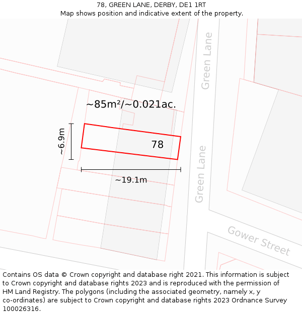 78, GREEN LANE, DERBY, DE1 1RT: Plot and title map
