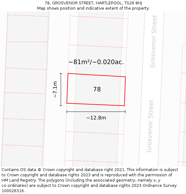 78, GROSVENOR STREET, HARTLEPOOL, TS26 8HJ: Plot and title map