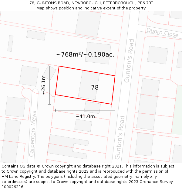 78, GUNTONS ROAD, NEWBOROUGH, PETERBOROUGH, PE6 7RT: Plot and title map