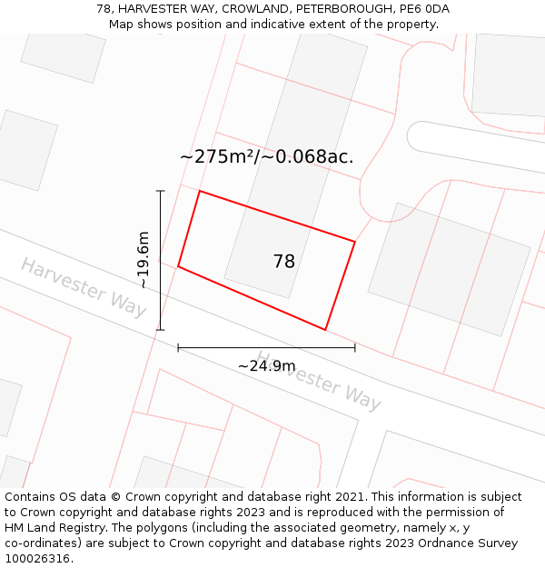 78, HARVESTER WAY, CROWLAND, PETERBOROUGH, PE6 0DA: Plot and title map