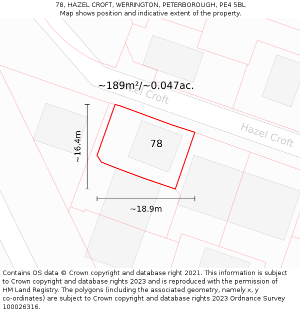 78, HAZEL CROFT, WERRINGTON, PETERBOROUGH, PE4 5BL: Plot and title map