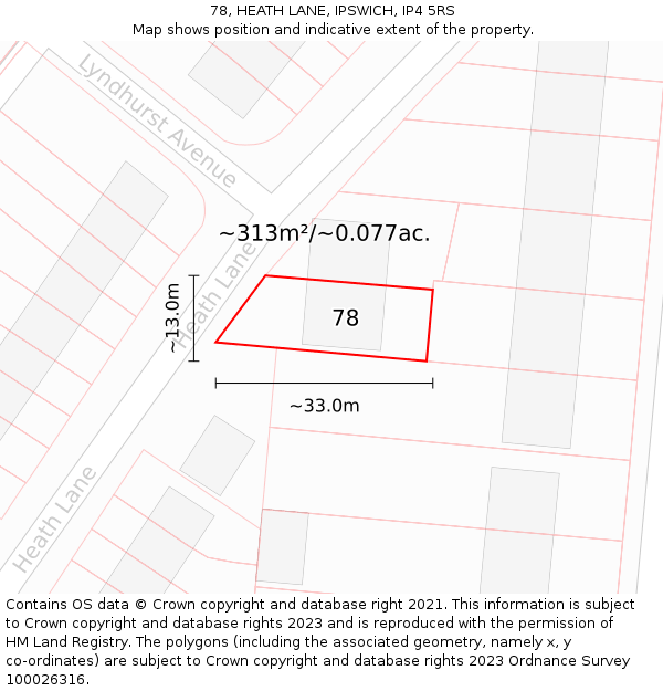 78, HEATH LANE, IPSWICH, IP4 5RS: Plot and title map