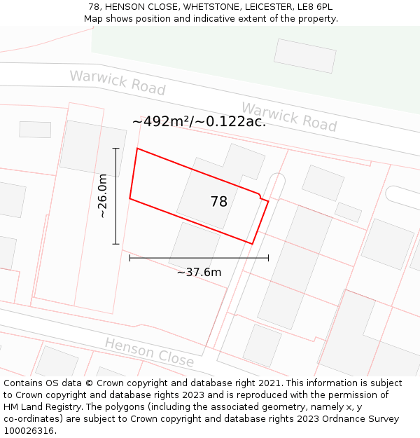 78, HENSON CLOSE, WHETSTONE, LEICESTER, LE8 6PL: Plot and title map