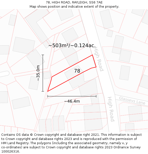78, HIGH ROAD, RAYLEIGH, SS6 7AE: Plot and title map