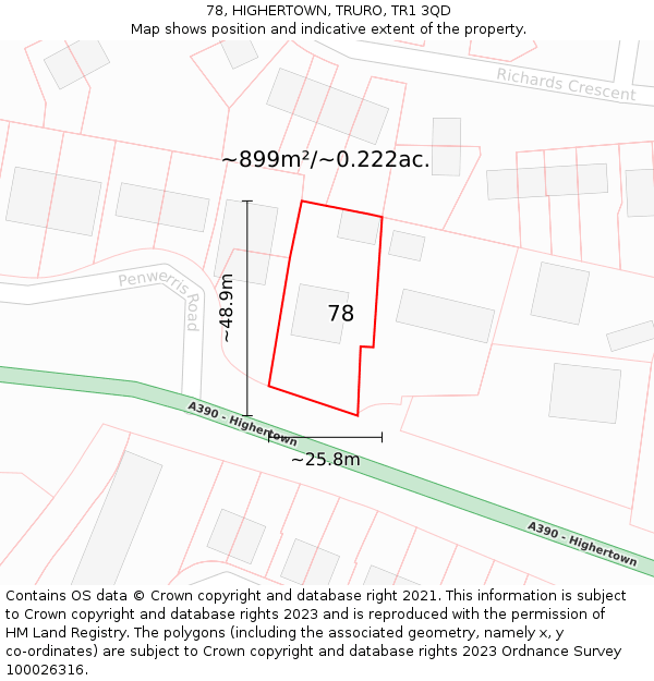 78, HIGHERTOWN, TRURO, TR1 3QD: Plot and title map