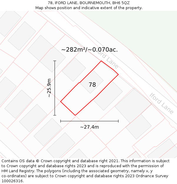 78, IFORD LANE, BOURNEMOUTH, BH6 5QZ: Plot and title map
