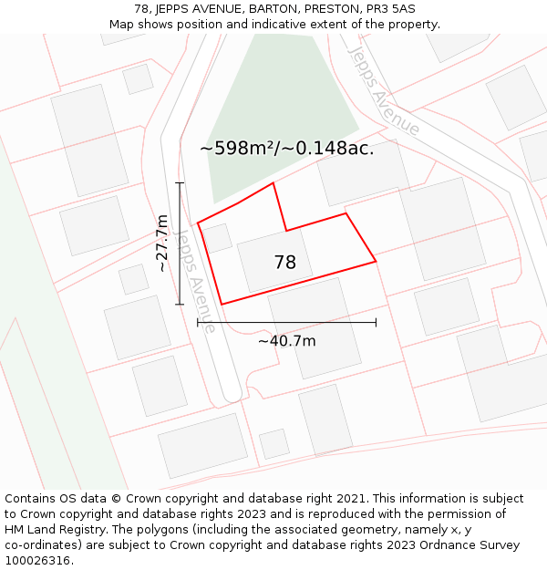 78, JEPPS AVENUE, BARTON, PRESTON, PR3 5AS: Plot and title map