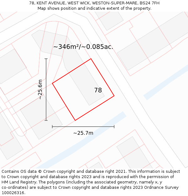 78, KENT AVENUE, WEST WICK, WESTON-SUPER-MARE, BS24 7FH: Plot and title map