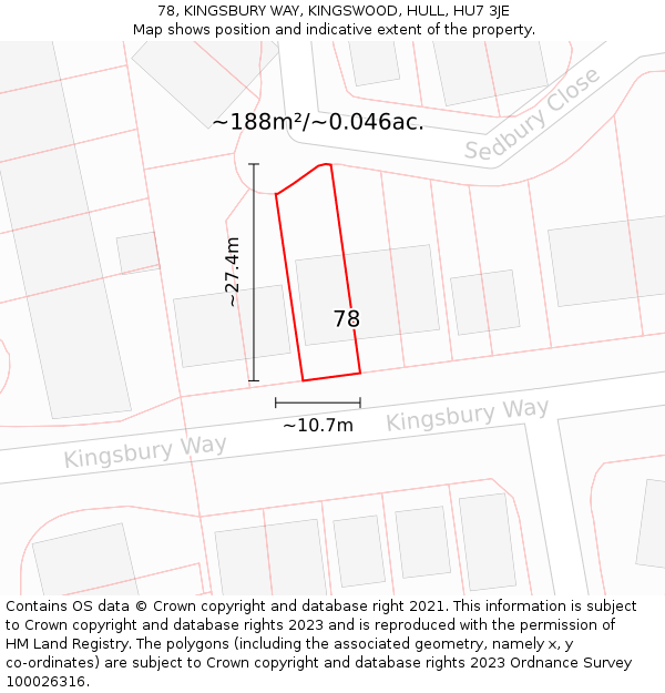 78, KINGSBURY WAY, KINGSWOOD, HULL, HU7 3JE: Plot and title map