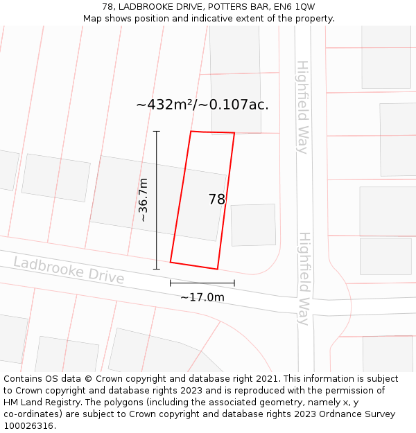 78, LADBROOKE DRIVE, POTTERS BAR, EN6 1QW: Plot and title map