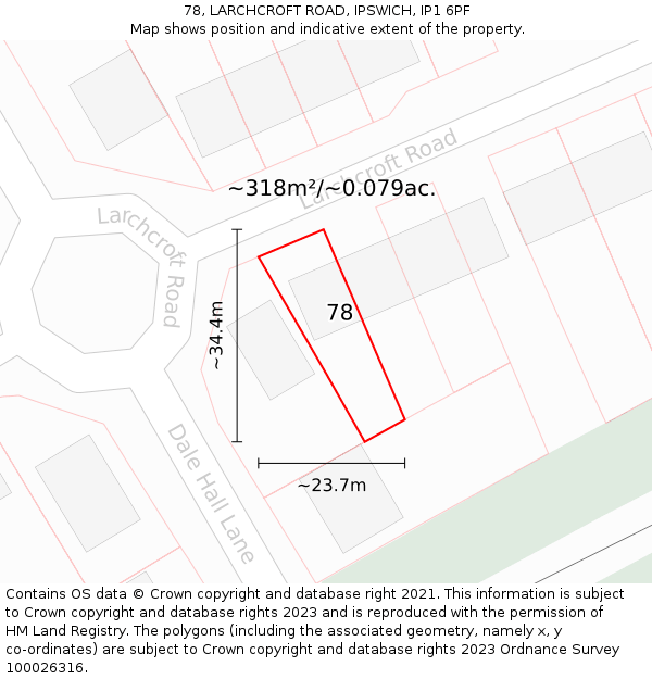 78, LARCHCROFT ROAD, IPSWICH, IP1 6PF: Plot and title map