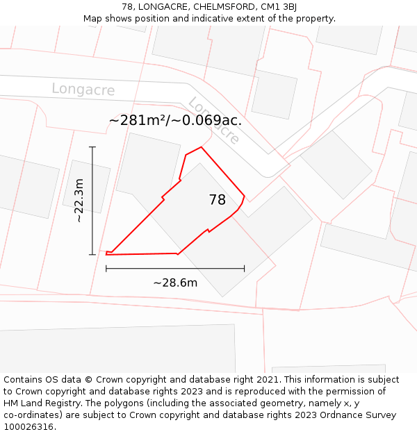 78, LONGACRE, CHELMSFORD, CM1 3BJ: Plot and title map
