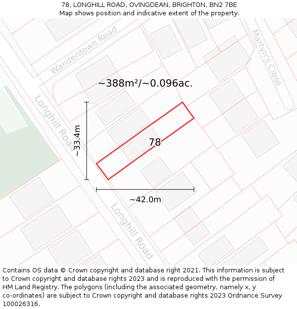 78, LONGHILL ROAD, OVINGDEAN, BRIGHTON, BN2 7BE: Plot and title map