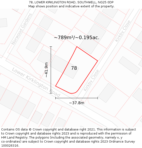 78, LOWER KIRKLINGTON ROAD, SOUTHWELL, NG25 0DP: Plot and title map