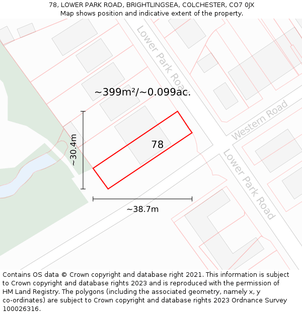 78, LOWER PARK ROAD, BRIGHTLINGSEA, COLCHESTER, CO7 0JX: Plot and title map