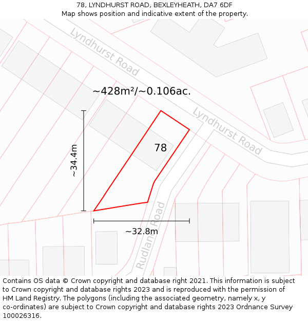 78, LYNDHURST ROAD, BEXLEYHEATH, DA7 6DF: Plot and title map