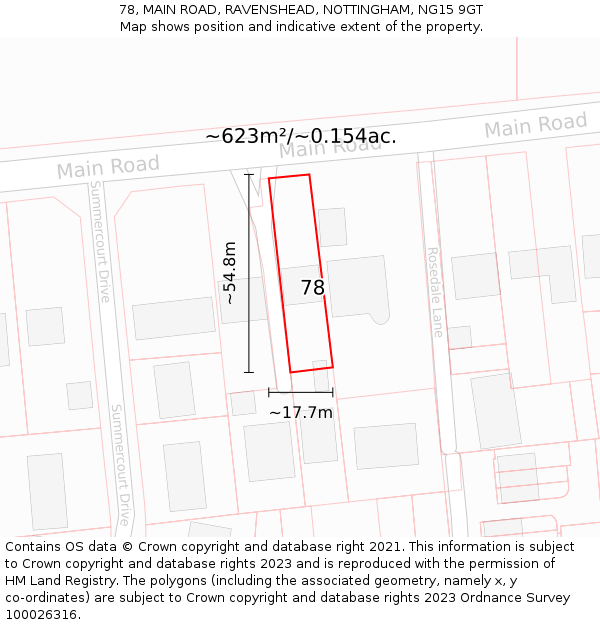 78, MAIN ROAD, RAVENSHEAD, NOTTINGHAM, NG15 9GT: Plot and title map