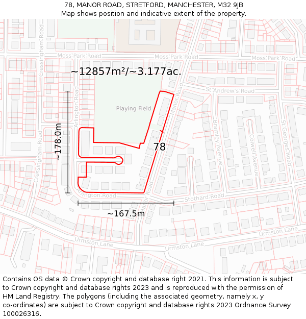 78, MANOR ROAD, STRETFORD, MANCHESTER, M32 9JB: Plot and title map