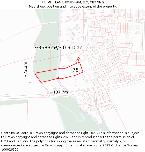 78, MILL LANE, FORDHAM, ELY, CB7 5NQ: Plot and title map