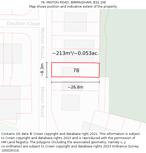 78, MINTON ROAD, BIRMINGHAM, B32 2XE: Plot and title map