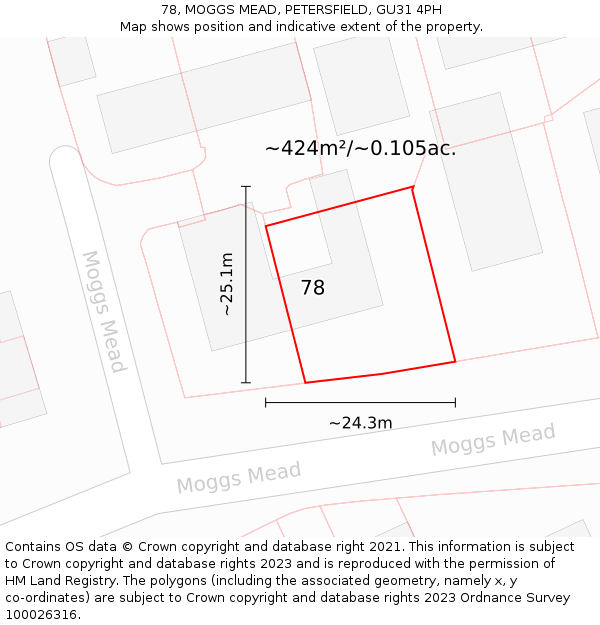 78, MOGGS MEAD, PETERSFIELD, GU31 4PH: Plot and title map