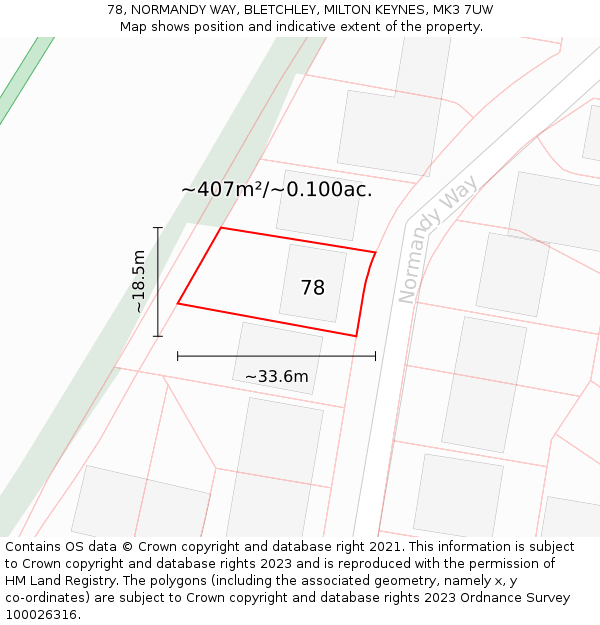78, NORMANDY WAY, BLETCHLEY, MILTON KEYNES, MK3 7UW: Plot and title map