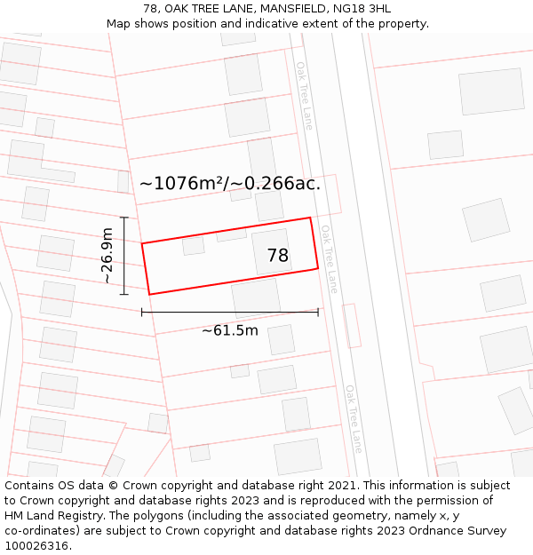 78, OAK TREE LANE, MANSFIELD, NG18 3HL: Plot and title map