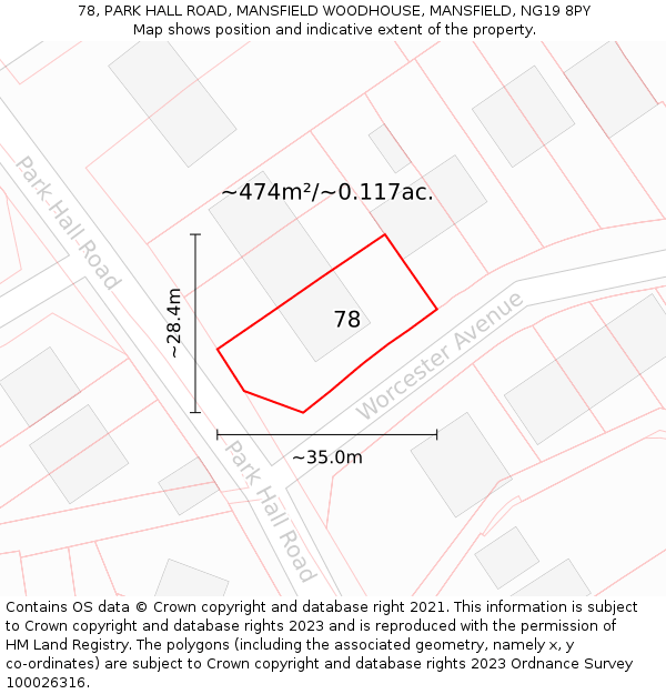 78, PARK HALL ROAD, MANSFIELD WOODHOUSE, MANSFIELD, NG19 8PY: Plot and title map