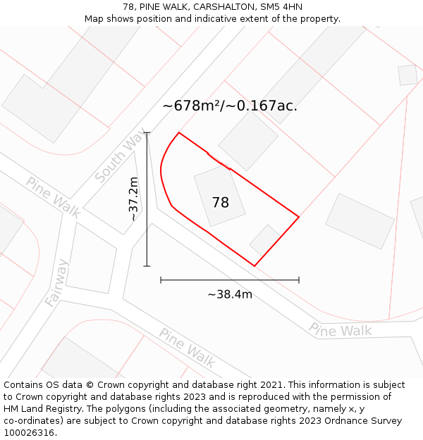 78, PINE WALK, CARSHALTON, SM5 4HN: Plot and title map
