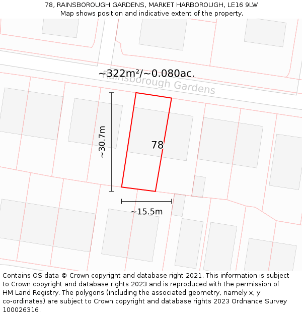 78, RAINSBOROUGH GARDENS, MARKET HARBOROUGH, LE16 9LW: Plot and title map