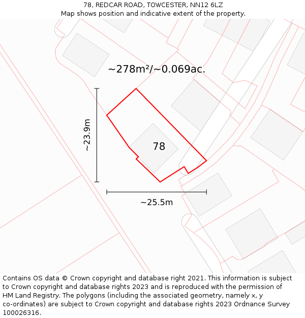 78, REDCAR ROAD, TOWCESTER, NN12 6LZ: Plot and title map