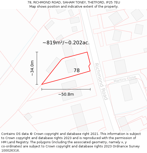 78, RICHMOND ROAD, SAHAM TONEY, THETFORD, IP25 7EU: Plot and title map
