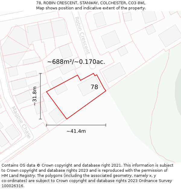 78, ROBIN CRESCENT, STANWAY, COLCHESTER, CO3 8WL: Plot and title map