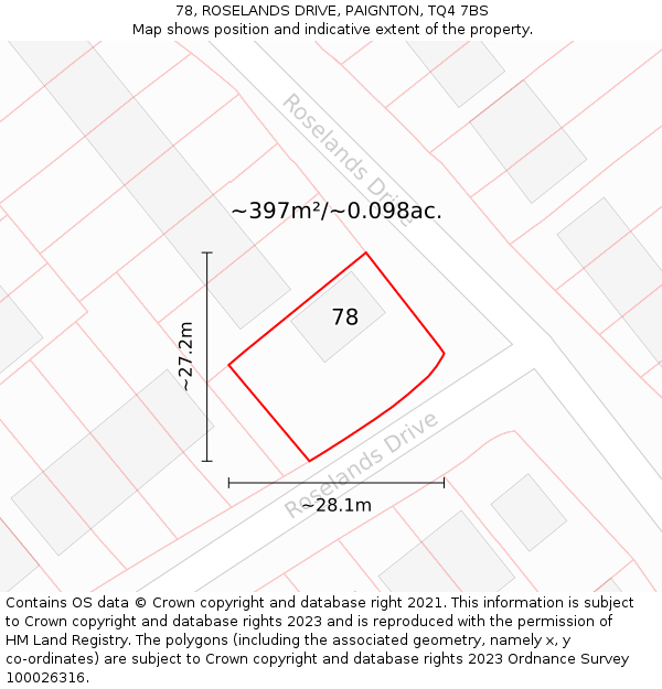 78, ROSELANDS DRIVE, PAIGNTON, TQ4 7BS: Plot and title map