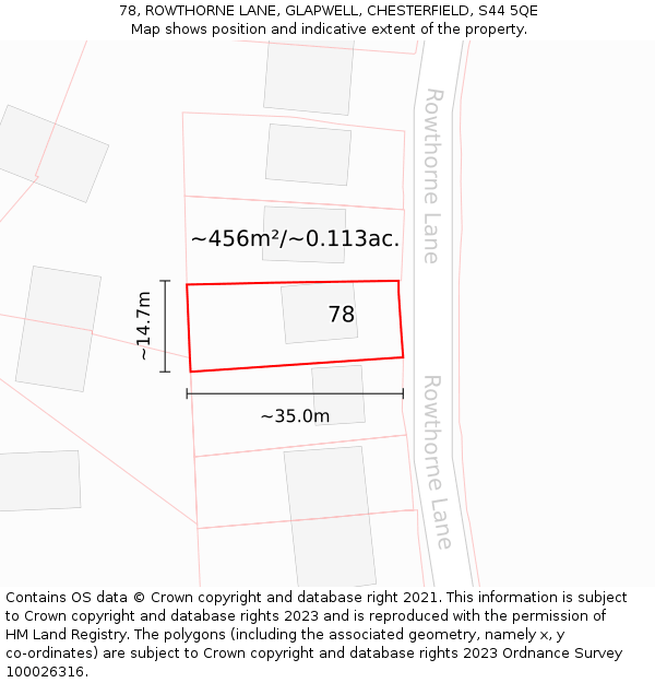 78, ROWTHORNE LANE, GLAPWELL, CHESTERFIELD, S44 5QE: Plot and title map