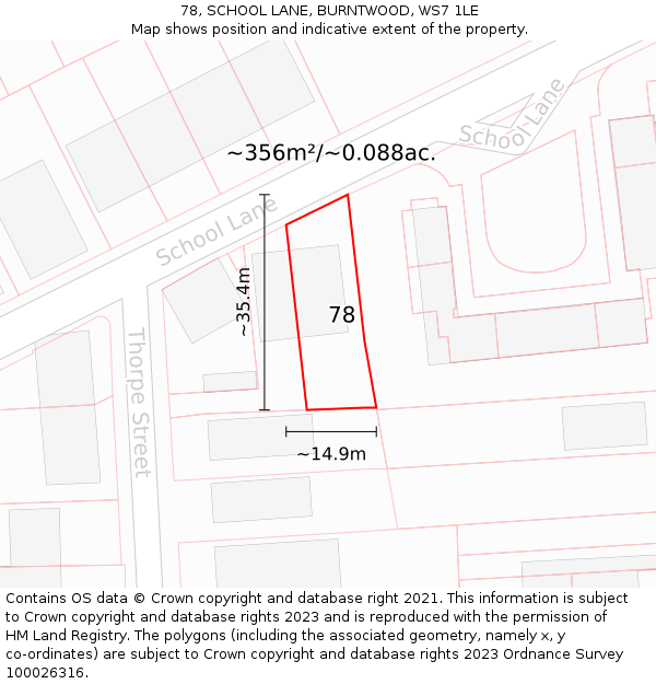78, SCHOOL LANE, BURNTWOOD, WS7 1LE: Plot and title map