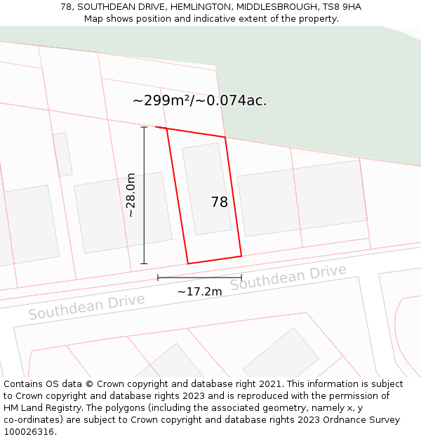 78, SOUTHDEAN DRIVE, HEMLINGTON, MIDDLESBROUGH, TS8 9HA: Plot and title map