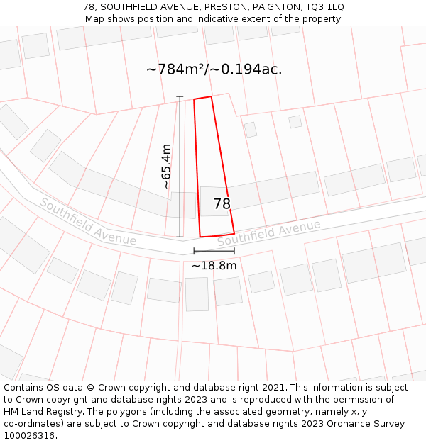 78, SOUTHFIELD AVENUE, PRESTON, PAIGNTON, TQ3 1LQ: Plot and title map