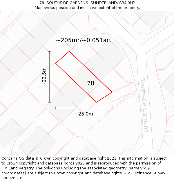 78, SOUTHSIDE GARDENS, SUNDERLAND, SR4 0NP: Plot and title map