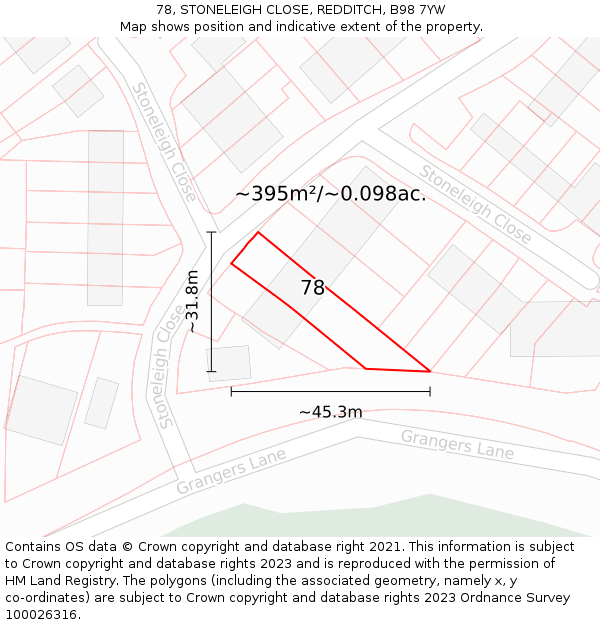 78, STONELEIGH CLOSE, REDDITCH, B98 7YW: Plot and title map