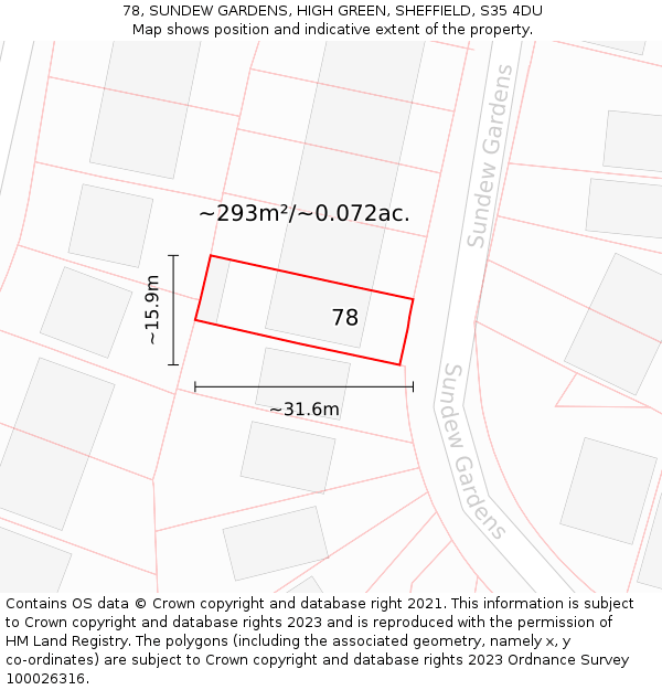 78, SUNDEW GARDENS, HIGH GREEN, SHEFFIELD, S35 4DU: Plot and title map