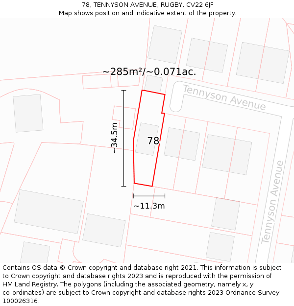 78, TENNYSON AVENUE, RUGBY, CV22 6JF: Plot and title map