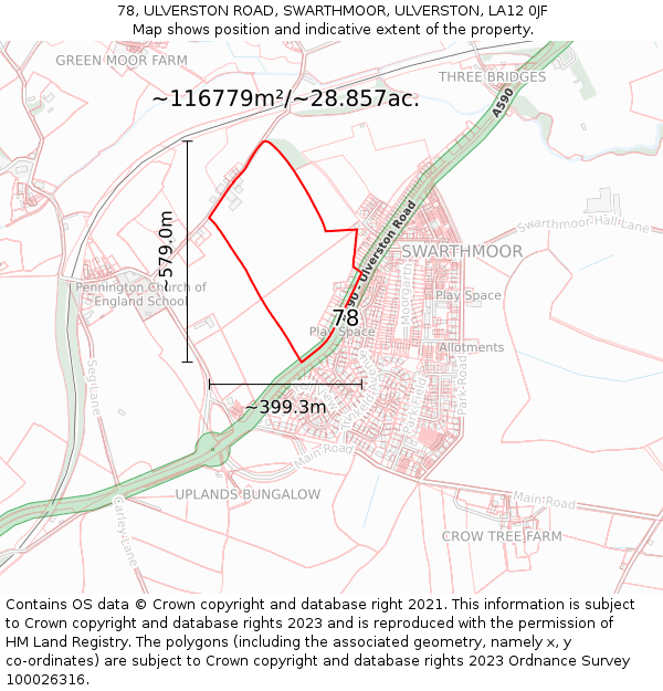 78, ULVERSTON ROAD, SWARTHMOOR, ULVERSTON, LA12 0JF: Plot and title map